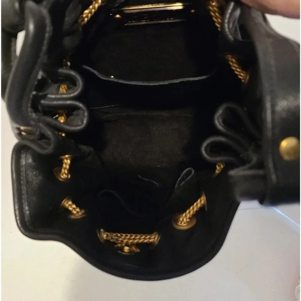 WOMEN'S Be & D HOBO SHOULDER BAG BLACK LEATHER WITH RUFFLES AND CHAIN MADE USA